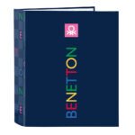 Benetton Damero Carpeta 4 Anillas Folio Lomo Ancho Azul/Azul Marino
