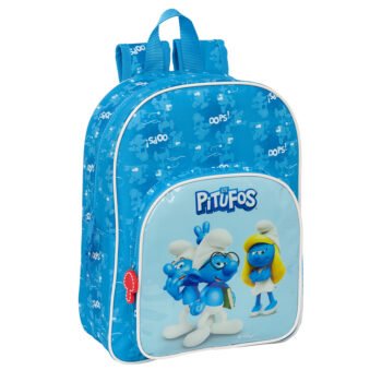 Mochila Escolar Los Pitufos Adaptable a Carro SAFTA Celeste/Azul