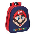 Super Mario Mochila Infantil Preescolar Relieve Frontal 3D Azul Marino