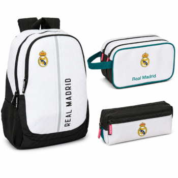 Set Vuelta al Cole Real Madrid Blanco y Negro – Mochila, Portatodo Triple y Estuche Doble